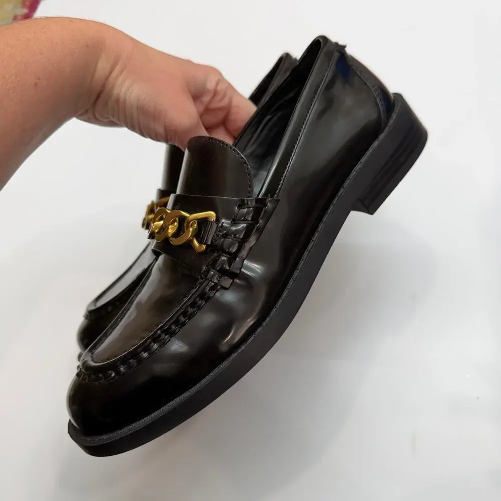 MNG Mango Black Gold Loafers 39 / 8.5 Preppy Office